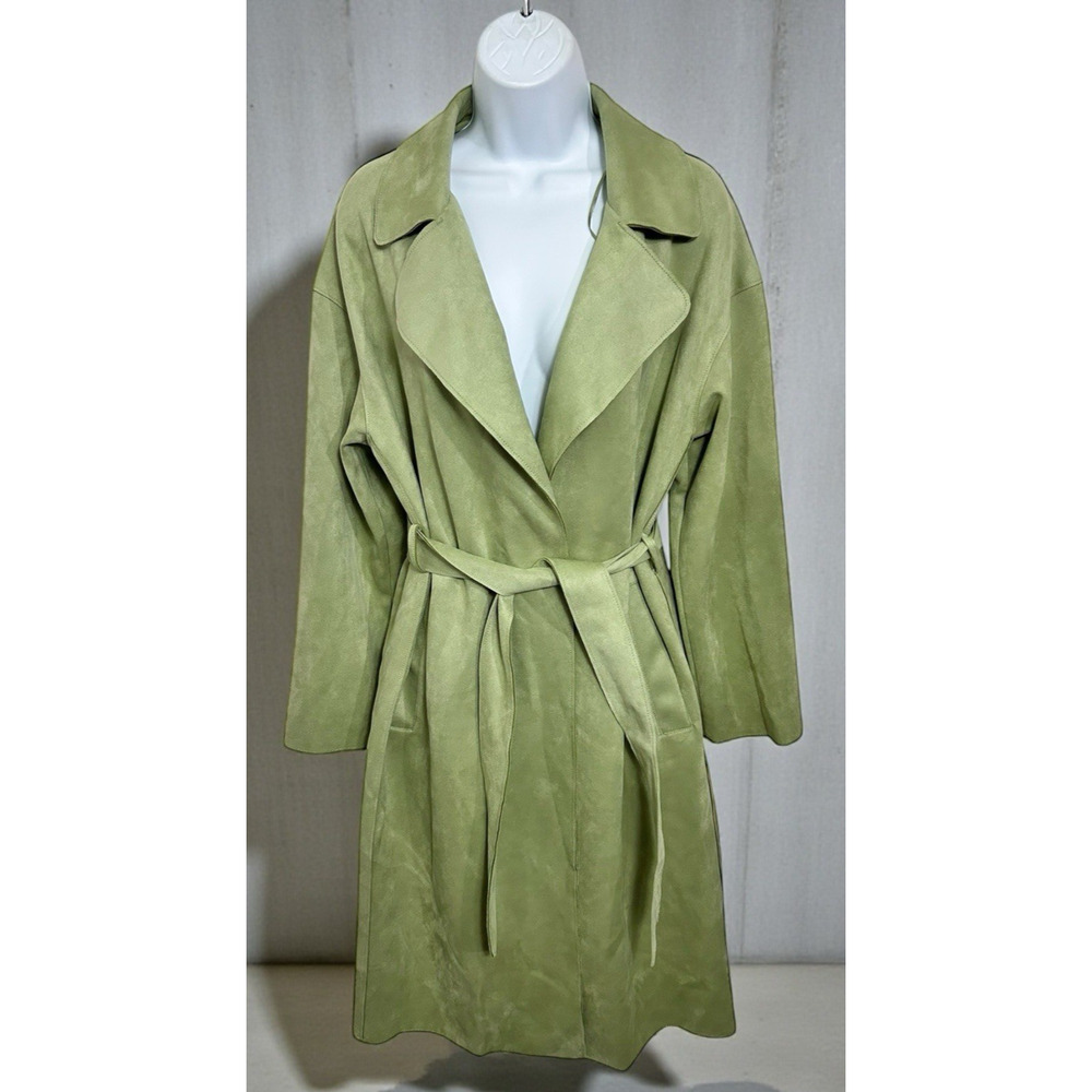Women's Primark Sage Green Coat Sz Small Suede Like Soft Trench Coat Belt